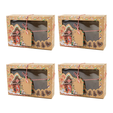 Christmas Cookie Boxes Kraft Paper Gift Box With Window And String Tags For Holiday Baking Treats Gingerbread House Pattern