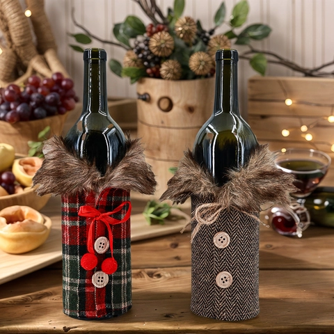 Christmas Wine Bottle Cover Faux Fur Collar Plaid Herringbone Decor For Dining Table Festival Party Wine Bottle Sleeve