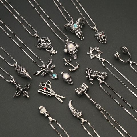 Men Stainless Steel Pendant Necklace Punk Hip Hop Vintage Skull Cross Lion Bull Animal Head Jewelry Box Chain