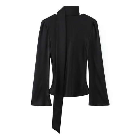 Women Satin Blouse Shirt Elegant Tie Neck Long Bell Sleeve Solid Black Polyester Tops Casual Fashion