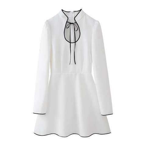 Elegant Women Long Sleeve Mini Dress Polyester Woven Stand Collar Bow Tie Black Contrast Trim White Socialite Style