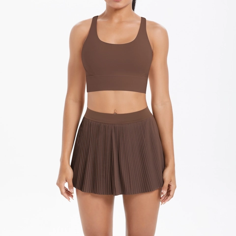 Women Yoga Sports Bra And Pleated Skirt Nylon Spandex Cross Back High Waist Breathable With Pocket For Tennis