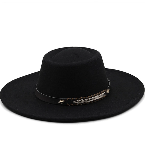 Wide Brim Fedora Hat Wool Felt Retro Bohemian Style Jazz Cap With Braided Leather Belt Rivet Decor Unisex
