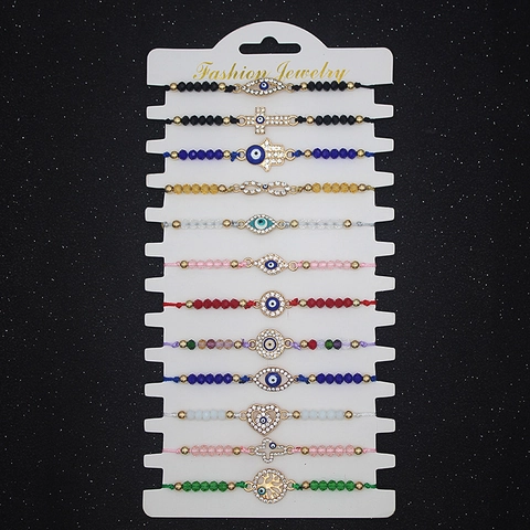 Evil Eye Hamsa Hand Beaded Bracelets Alloy Rhinestone Crystal Woven Cord Adjustable Boho Jewelry For Women