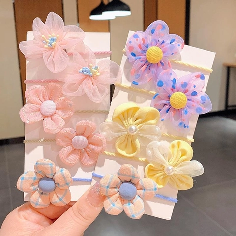 Kids Cute Flower Mesh Hair Ties Set Elastic Fabric Scrunchies For Baby Girls Soft Decorative Hair Bands