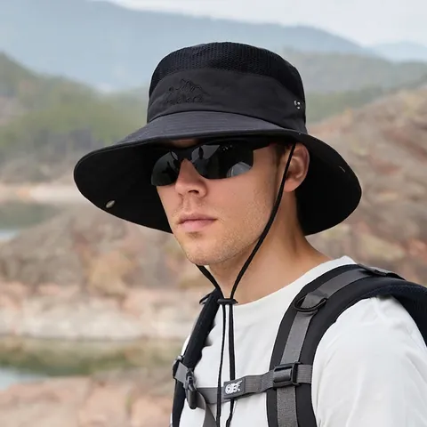 Outdoor Bucket Hat Wide Brim Breathable Mesh Windproof Drawstring Sun Protection Hiking Fishing Cotton Men Solid Color