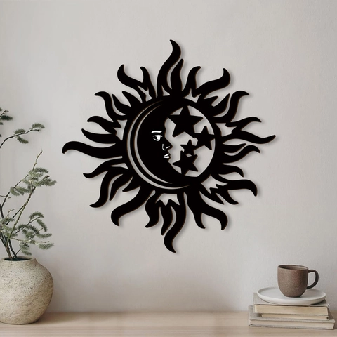 Sun Moon Star Holz Wanddeko Boho Ausgehöhlt Hängende Kunst Skulptur Schwarz Für Wohnzimmer Schlafzimmer
