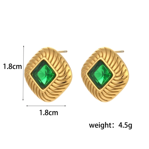 Vintage Square Zircon Stud Earrings 18K Gold Plated Stainless Steel Twisted Spiral Border French Chic Trendy Jewelry For Women
