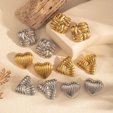Pendientes Geométricos Con Textura De Acero Inoxidable Plisados Forma Corazón Triángulo Cuadrado Joyería Vintage Mujer