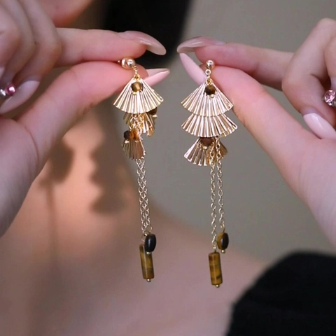 Waaievormige Kwastje Hanger Oorbellen Met Zilveren Oorbel Post Vintage Legering Tijgeroog Steen Sieraden Voor Vrouwen