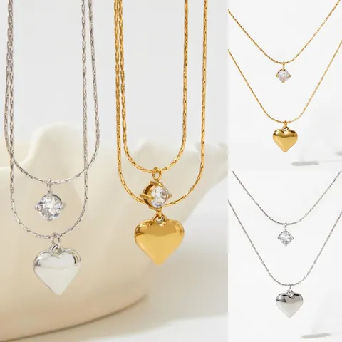 Stainless Steel Layered Necklace With Heart And Round Zircon Pendant Simple Elegant Jewelry For Women