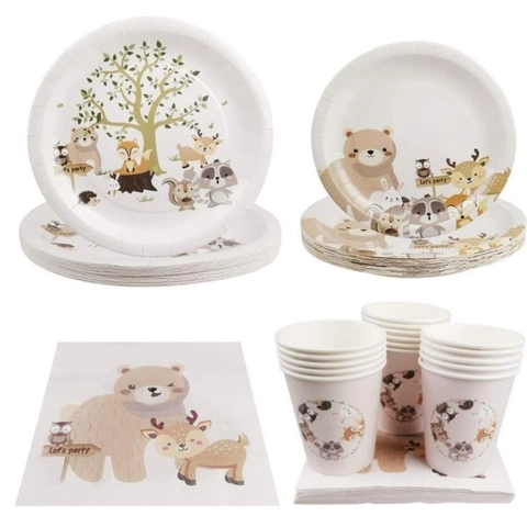 Forest Animal Party Tableware Disposable Paper Plates Napkins Cups Plastic Cutlery Birthday Decorations Jungle Cartoon Style