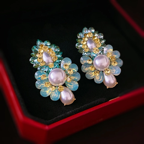Flower Stud Earrings With Imitation Artificial Pearl Rhinestone Crystal Alloy Vintage French Court Style Silver Earring Post