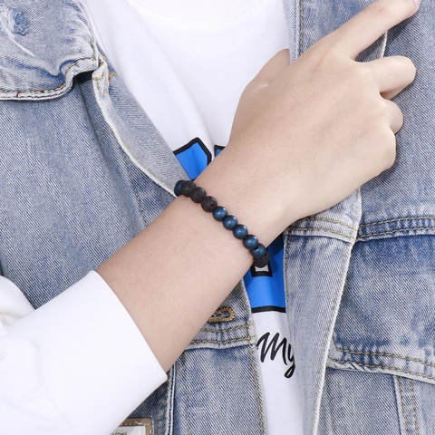 Bracciale Con Perline In Pietra Naturale Agata Ematite Pietra Lavica Fatto A Mano Elastico Unisex