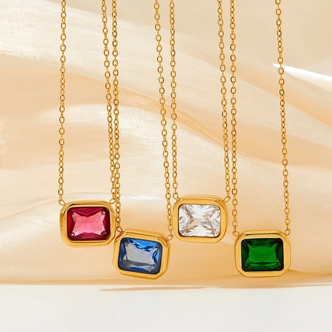 Stainless Steel Square Zircon Pendant Necklace Emerald Cut Colorful Cubic Zirconia Clavicle Chain Jewelry For Women