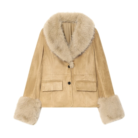 Giacca In Scamosciato Da Donna Con Collo E Polsini In Ecopelliccia Vestibilità Aderente Cappotto Corto Capispalla