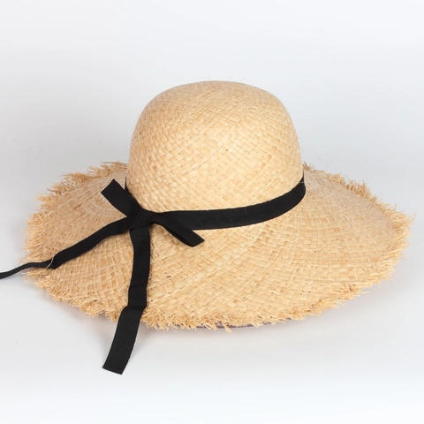 Raffia Straw Hat Wide Brim Sun Shade Beach Sunhat With Fringed Edge And Black Ribbon Bow For Women Foldable Vacation