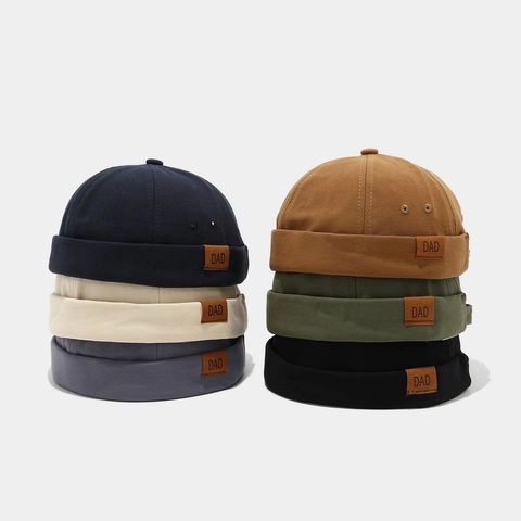 Vintage Docker Hat Brimless Cotton Sailor Cap Retro Landlord Miki Hat With DAD Leather Label Adjustable For Men Women