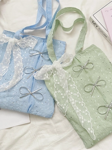 Bolso Tote De Encaje Con Lentejuelas Para Mujer Decoración De Lazo Dulce Gran Capacidad Bolso De Hombro Estilo Francés Elegante