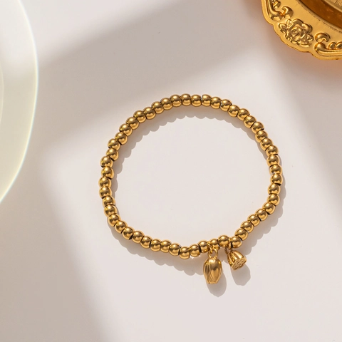 Luxury Gold Titanium Steel Beaded Bracelet For Women With Lotus Pod And Tulip Flower Bud Charm Adjustable Elastic Jewelry