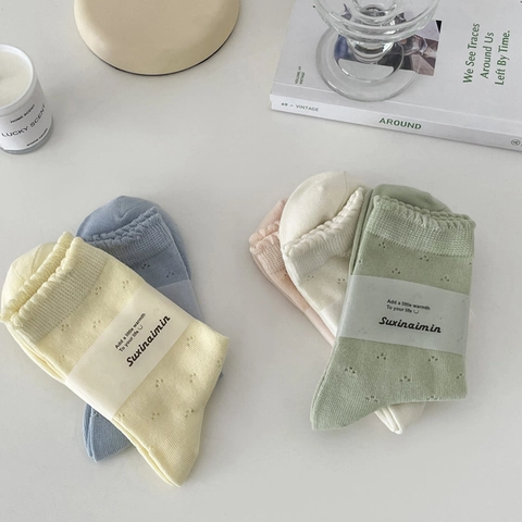 Women Cotton Crew Socks Japanese Sweet Style Ruffled Cuff Breathable Mesh Pointelle Hollow Out Mid Calf