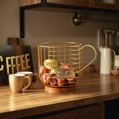 Kaffeekapsel Halter Korb Tassenform Metall Eisendraht Kaffeepad Organizer Mit Holzsockel Hohl Für Küchenarbeitsplatte