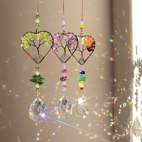 Tree Of Life Heart Suncatcher K9 Crystal Prism Natural Stone Wire Wrapped Hanging Ornament Rainbow Maker Window Decor