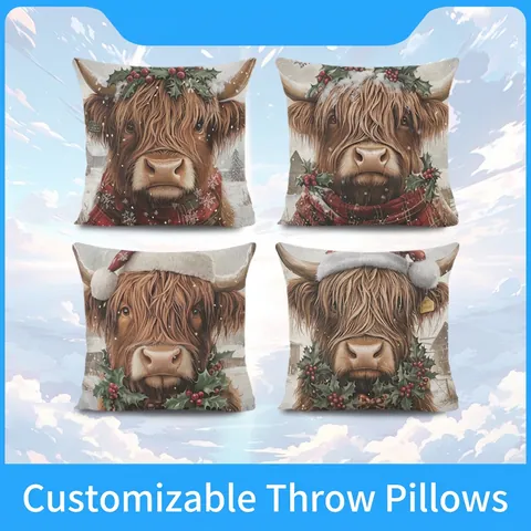 Kerst Hoogland Koe Kussenslopen Katoen Linnen Decoratieve Vierkante Kussenhoes Voor Sofa Couch Winter Boerderij Decor