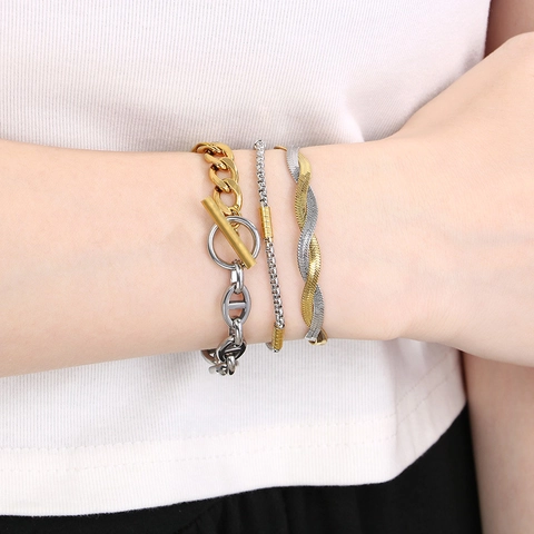 Two Tone Gold Silver Stainless Steel Bracelet Mixed Chain Beaded Rope Snake Geometric Jewelry For Men Women