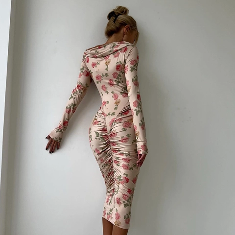 Dames Midi Jurk Bloemenprint Lange Mouwen Rozenpatroon Geplooid Bodycon Nauwsluitend Off Shoulder MelkSatijn Sexy Streetwear