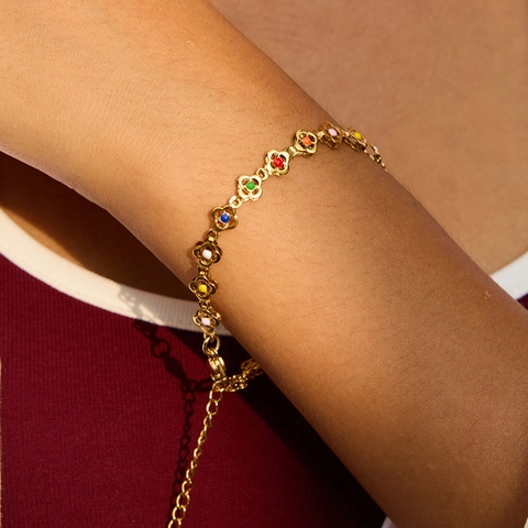 Edelstahl Schmuck Für Damen Halskette Armband Ring Bunte Emaille Blume Künstliche Perle Edelstein Wasserdicht Hypoallergen Mode
