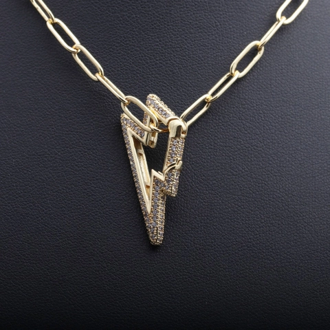 Collana Con Pendente A Fulmine Rame Intarsiato In Zircone Catena A Graffetta Gioielli Hip Hop Chiusura Moschettone Oro