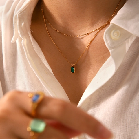 Collier Double Couche Acier Inoxydable Plqué Or 18K Zircon Pendentif Pierre Coupe Émeraude Rétro Chaîne Clavicule Pour Femmes