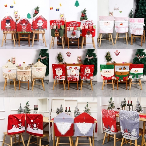 Christmas Chair Back Covers Sequin Linen Non-woven Cartoon Santa Snowman Reindeer Dining Room Holiday Party Decoration