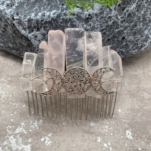Naturkristall Haarkamm Rohe Stein Splitter Triple Moon Göttin Handgemachte Draht Gewickelt Böhmische Hochzeit Haarschmuck