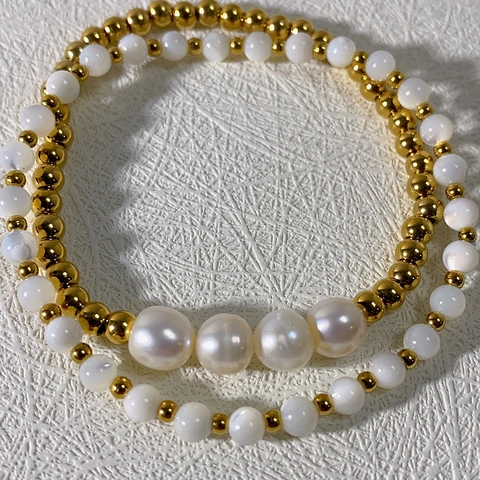 Bracciale Perle Acqua Dolce Conchiglia Farfalla Acciaio Inossidabile Placcato Oro Minimalista Impilabile Gioielli Donna