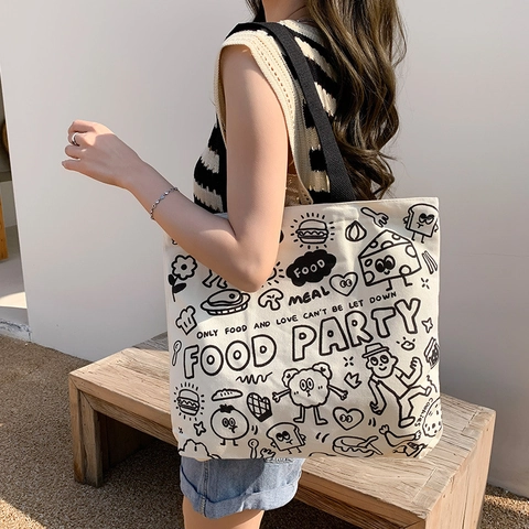 Canvas Tote Bag Large Capacity Shoulder Handbag Zipper Closure Cartoon Graffiti Printed Casual Streetwear For Women