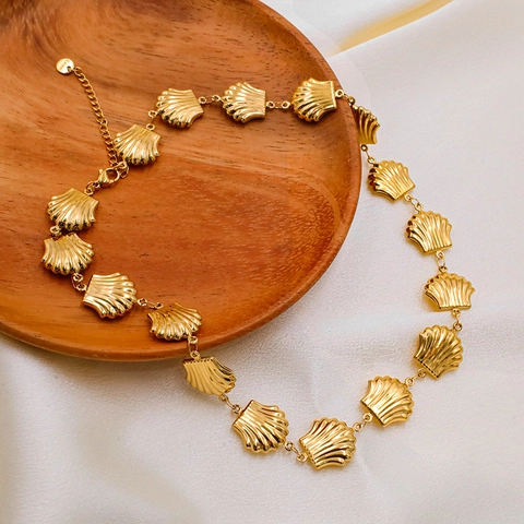 Collier Et Bracelet En Acier Inoxydable Coquille Saint-Jacques Or Élégant Bijoux De Plage Pour Femmes