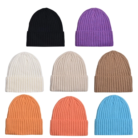 Solid Color Ribbed Knitted Beanie Hat Acrylic Warm Winter Cold Weather Folded Cuff Unisex Casual
