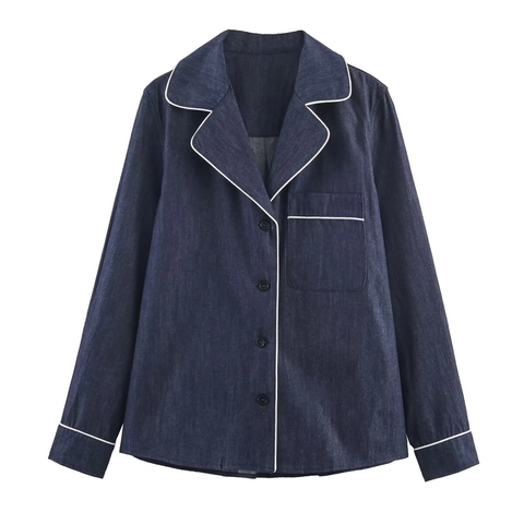 Set Camicia E Pantaloni Texture Denim Da Donna Bordo A Contrasto Top A Maniche Lunghe Pantaloni Con Vita Elastica