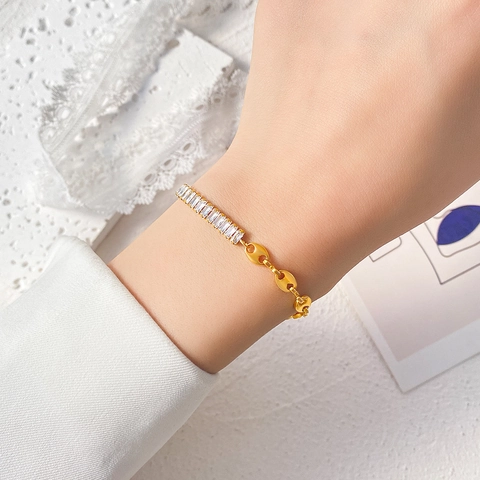 Edelstahl Armband Damen Gold Überzogen Spleißen Schweinenase Glied Rechteckiges Zirkonia Trendy Luxusschmuck