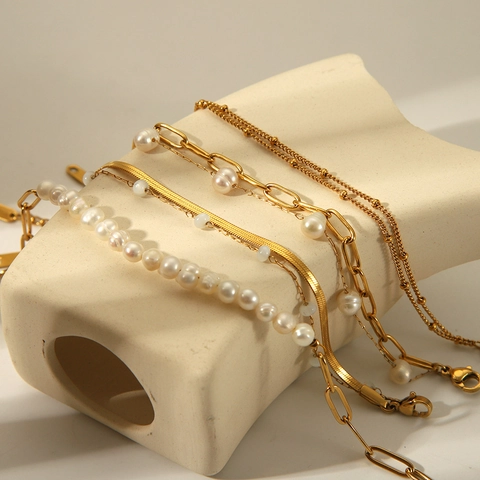 Minimalist Double Layer Stainless Steel Bracelet With Freshwater Pearl Real Gold Plated Adjustable Jewelry For Women
