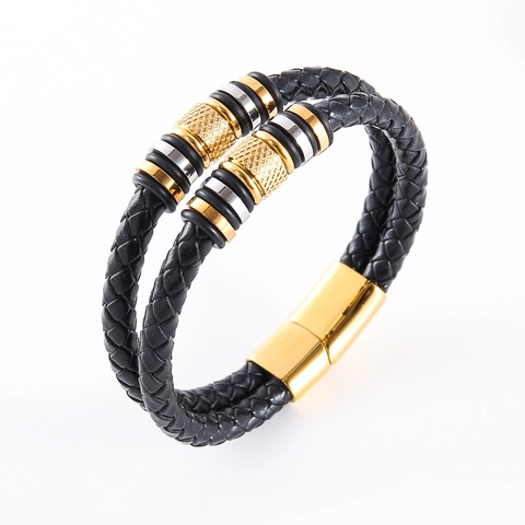 Men Handmade Double Layer Woven Leather Bracelet Stainless Steel Magnetic Clasp Two Tone Retro Minimalist Fashion Braid