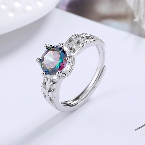 Anello Aperto in Rame Regolabile Vintage Con Zirconia Rotonda Iridescente Motivo a Croce Finitura Antica Gioielli Moda Donna