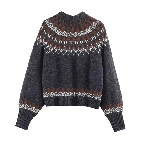Mujer Vintage Fair Isle Suéter Geométrico Jacquard Punto Jersey Cuello Redondo Manga Larga Informal Suave Cálido Tops