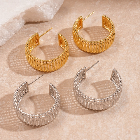 C-Förmige Netz-Ohrreifen Mit 925er Sterling Silber Ohrstecker Retro Geometrische Perlenstruktur Schmuck Für Damen