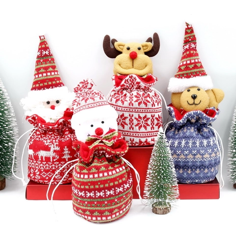 Christmas Knitted Drawstring Gift Bag Cute Cartoon Reindeer Bear Apple Candy Storage Pouch Holiday Party Decor
