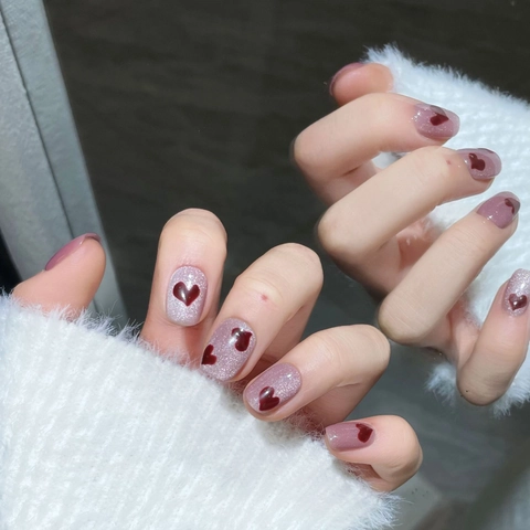 Handmade Wine Red Cat Eye Heart Pattern Press On Nails Short Coffin False Nails For Women Winter Daily Sweet Nail Art
