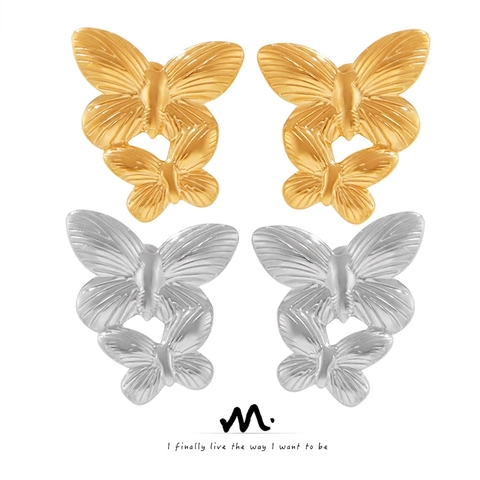 Orecchini a Bottone a Forma di Farfalla Sovrapposta in Acciaio al Titanio per Donna Placcati in Oro 18K Gioielli di Moda