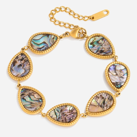 Pulsera De Acero Inoxidable Gota De Agua Chapada En Oro De 18K Incrustación De Concha De Abulón Cadena Ajustable Joyería Mujer